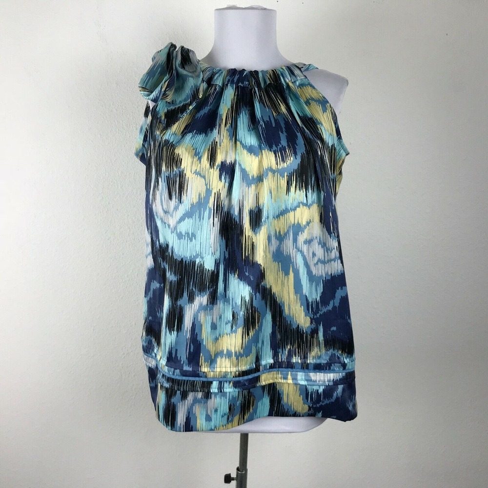 BCBGeneration‎ Watercolor Print Tie Shoulder Sleeveless Blouse Blue Yellow Sz M